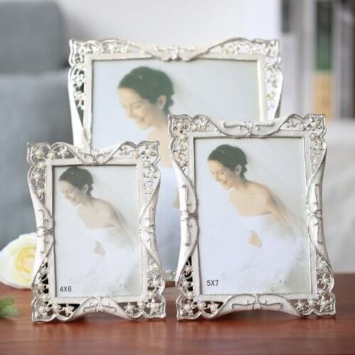 Shiny Silver White Jeweled Metal Photo Frame 4x6, 5x7, 6x8 inch European Home Tabletop Decor Rectangle Zinc Alloy Picture Frames