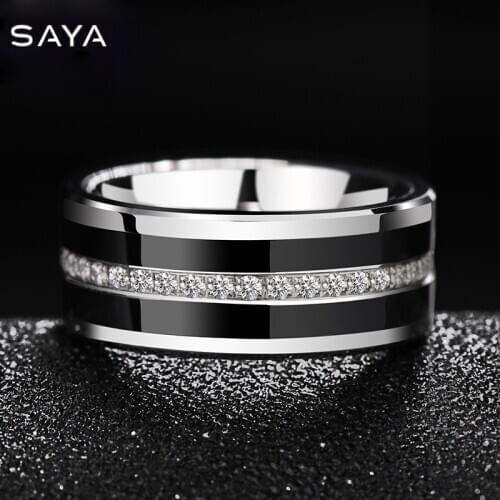 Men Wedding Rings, Inlay Black Ceramic Fully Stacked Cubic Zircon Tungsten Rings for Engagement, Free Shipping, Customized