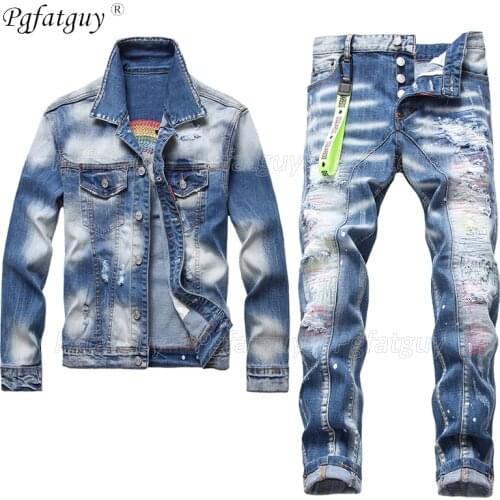 New Blue Ripped Holes Mens Jeans Sets Autumn Winter Rainbow Embroidered Denim Jacket + Elastic Paint Spray Pants 2pcs Set