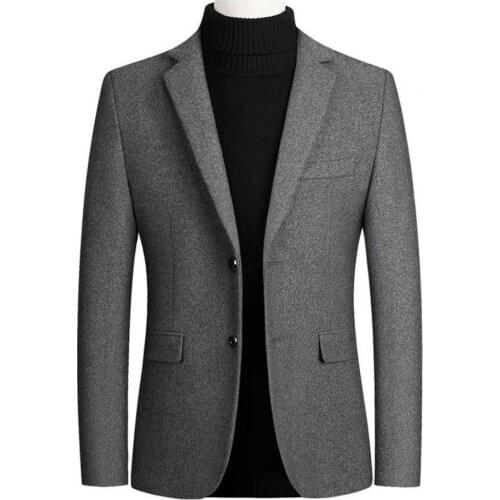 Men Autumn Winter Blazer Two Buttons Lapel Pockets Long Sleeve Woolen Solid Color Mens Classic Suit Coat Workwear