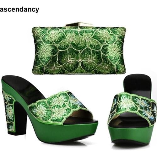 Latest Green Color Nigerian Shoes and Bag Set African Matching Shoes and Bags Italian In Women Italian Shoes with Matching Bags