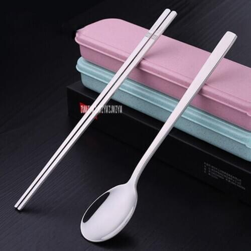 Outdoor 304 stainless steel solid flat chopsticks spoon portable tableware travel student chopsticks spoon set long handle spoon