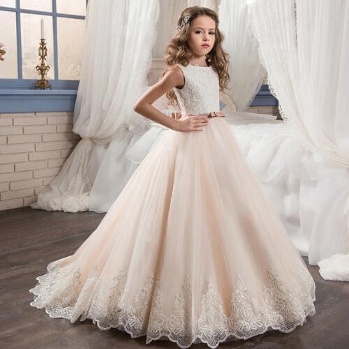Flower Girls Dress Embroidery Decoration Dress Princess Girls Wedding Party Ball Show Lace Beads Long Peng Dress
