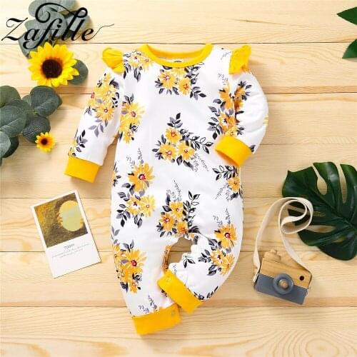 ZAFILLE Autumn Winter Baby Girls Romper Yellow Floral Printed Ruffles Jumpsuit For Kids+Headband Newborn Baby Girl Clothes