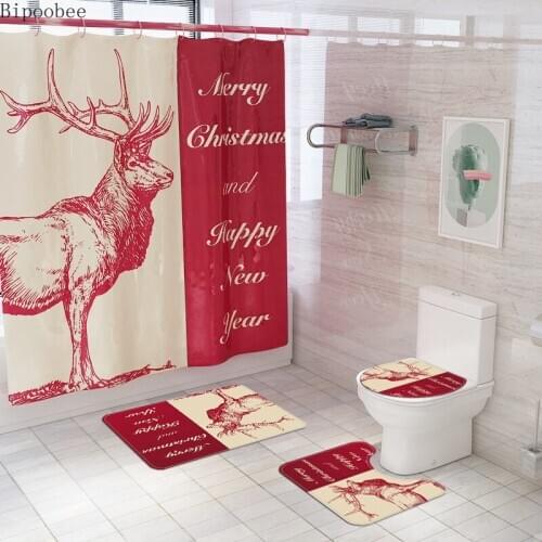 Bipoobee Happy New Year Bathroom Curtains Set Merry Christmas Bucks Pattern Shower Curtain Home Decor Bath Mat Toilet Rug Sets