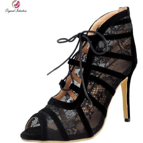 Original Intention Gorgeous Women Sandals Sexy Lace Peep Toe Thin Heels Sandals Popular Black Shoes Woman Plus US Size 4-15
