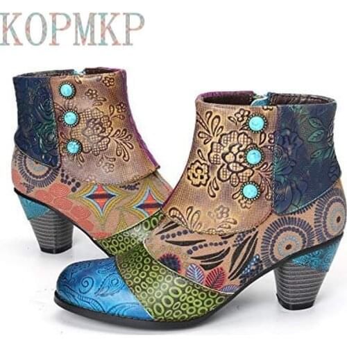 Vintage Splicing Printed Ankle Boots Women Shoes Woman PU Leather Retro Block High Heels Zipper Women Boots Zapatos De Mujer 43