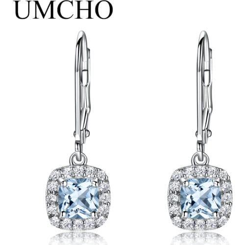 UMCHO Solid Sterling Silver Clip Earrings For Women Aquamarine Blue Topaz Earrings Christmas Jewelry Wedding Gift With Box