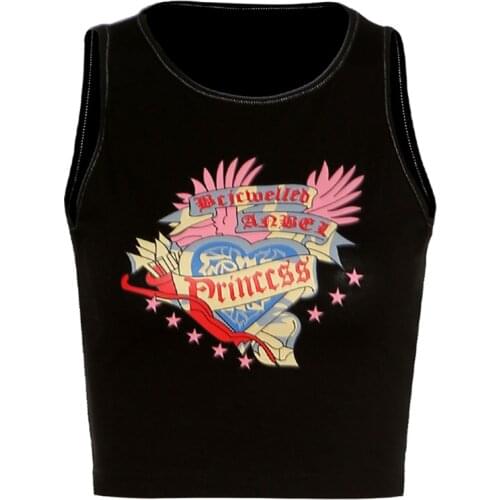Women Sleeveless Skinny Crop Top Vintage Comic Letters Heart Print Graphic Camisole Vest Harajuku Slim Tank Top Shirt