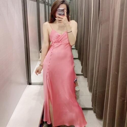 Summer Dress Women Long Maxi Sexy Party Silk Satin Button Embellished Lingerie Korean Style Suspender Backless Sundress Fashion