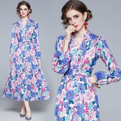 Sexy V Neck Floral Flower Print Long Maxi Boho Dress Fashion Bohemian Single Breasted Big Shirt Dress 2021 Long Sleeve Designer