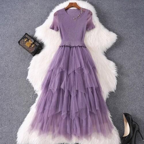 Plus Size Dress Summer Womens 2020 New Round Neck Short Sleeved Slim Elastic Miyake Pleated Patchwork Gauze Purple Fairy Dress