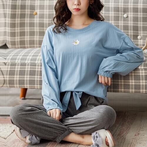 2Pcs Womens Sleepwear Cotton Pijamas Set Long Sleeve O-Neck Sleep Tops Pants Femme Loose Lounge Wear Korean Plus Size Home Suit