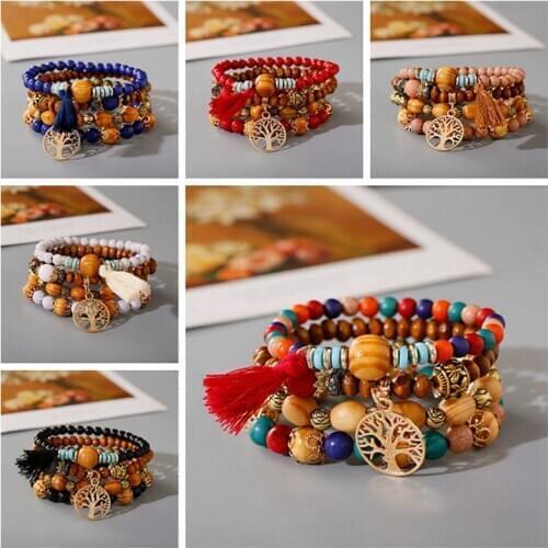 4PCS/Set Wooden&Stone Beads Bracelets Set For Women Bohemian Lucky Tree Tassel Wrap Bracelets&Bangles Boho Vintage Jewelry Femme