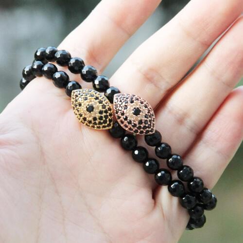 Ailatu 6mm Natural Faceted Black Onyx Stone Beads Turkish Lucky Eye Cz Bead Bracelet On Sale