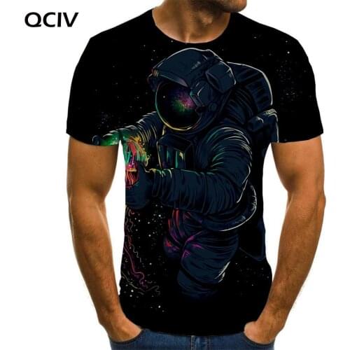 QCIV Brand Astronaut T shirt Men Galaxy Funny T shirts Black T-shirts 3d Harajuku Tshirts Casual Short Sleeve summer Printed