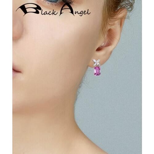 BLACK ANGEL Pink Square Zircon Earrings 2020 New 925 Silver Four Clover Stud Earrings For Women Fashion Jewelry Wholesale