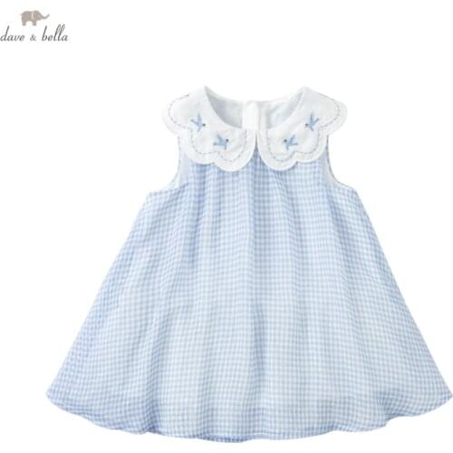 DBZ18137 dave bella summer baby girls cute embroidery plaid dress children fashion party dress kids infant lolita clothes