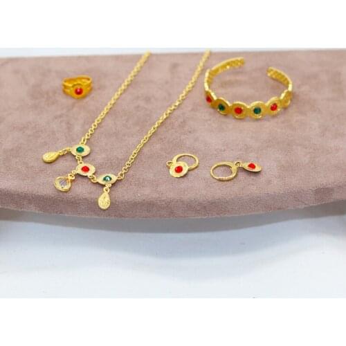 Children Earrings Middle Eastern Gifts Necklace Gold Color Arab Coin for Kids Baby Jewelry Sets With Free Size Ring