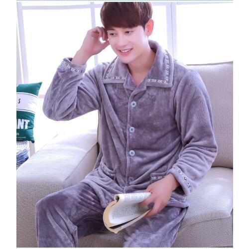 Adult Coral Fleece Homewear Male Winter Warm Nightwears Mens Thickened Flannel Long Sleeve Coral Fleece Suit Plus Size D-2077