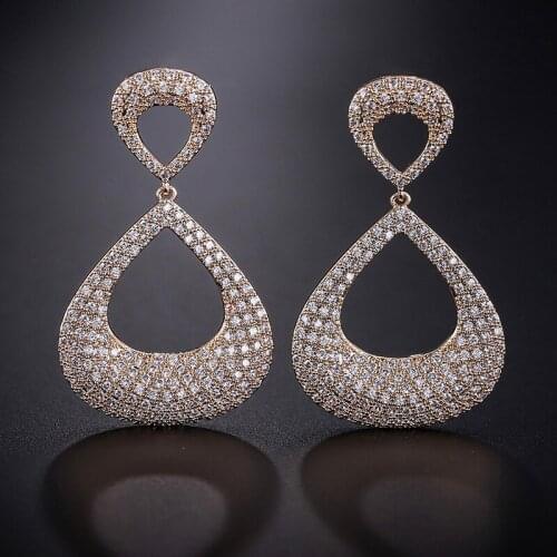 EYER Trendy Full Micro Paved Cubic Zirconia CZ Gold Color Long Dangle Hoop Earrings For Bridal Creativity Accessories Jewelry