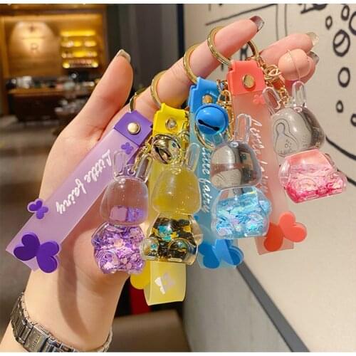 Korean Colorful transparent Liquid into the oil pink bunny Keychain Rabbit Doll Pendant Car Bag Phone Key Chain Girl Gift