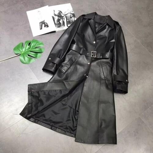 Women Spring Coat X-Long Length New Zealand Import Genuine Leather Jacket With Belt Turn-Down Collar Lady Clothing + FG688