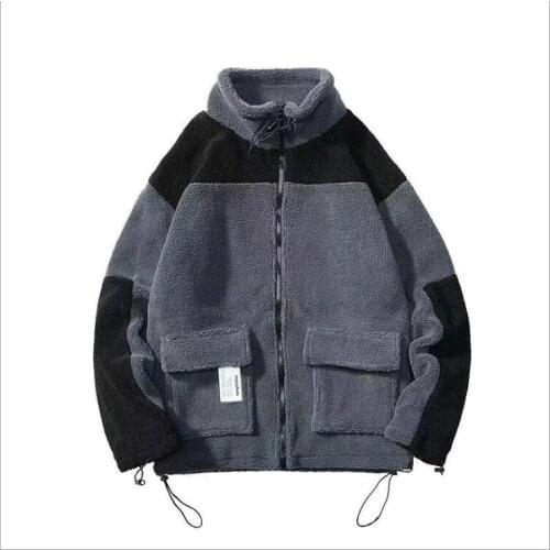Lamb cashmere coat mens winter trend loose neutral couple Hong Kong style color matching thickened lamb wool cotton jacket