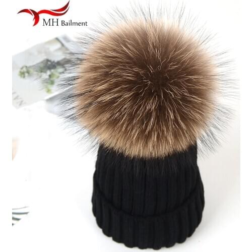 New Autumn Winter New Real Raccoon Fur Ball Children Knitted Hat Comfortable Warm Parent-child Hat Ladies Thickened Knitted Hat