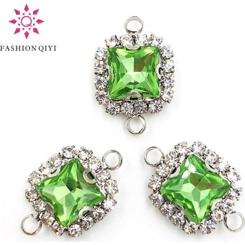 NEW 8mm 10pcs/bag Double loop sew on rhinestones Light green glass crystal square Silver bottom Crystal button DIY accessories