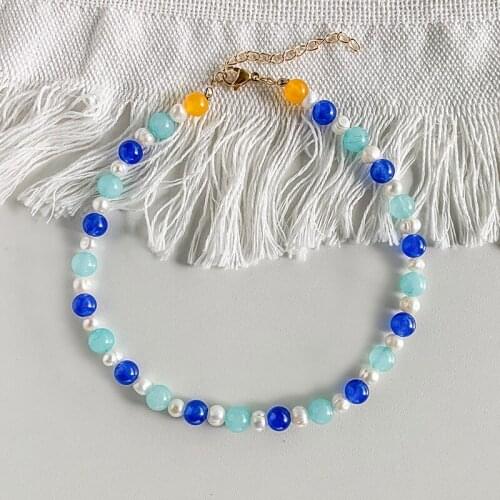 New Ins Trendy Aquamarine Beads Pearl Necklace Bohemian Hawaiian Style Handmade Necklace for Women Girls Wedding Party Gift