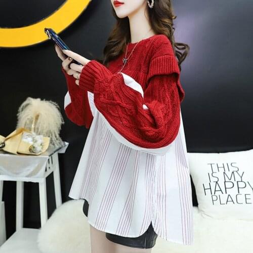 Fake two-piece blouse female loose Korean version of the wild spring 2020 new foreign air net red shirt stitching sweater thin