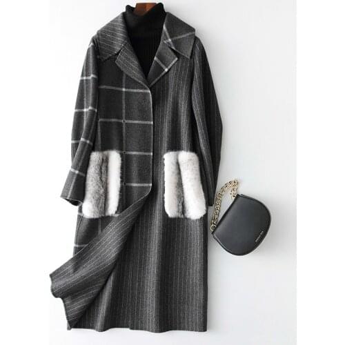 Luxury Women Wool Coat Long Womens Plaid Coats Natural Mink Fur Pockets Winter Jackets Woolens Overcoat 38025 WYQ1777