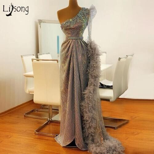 Luxury Dubai Prom Dresses 2020 One Shoulder Arabic Evening Dress Long Sequins Feather Cocktail Party Dresses Vestidos Formales