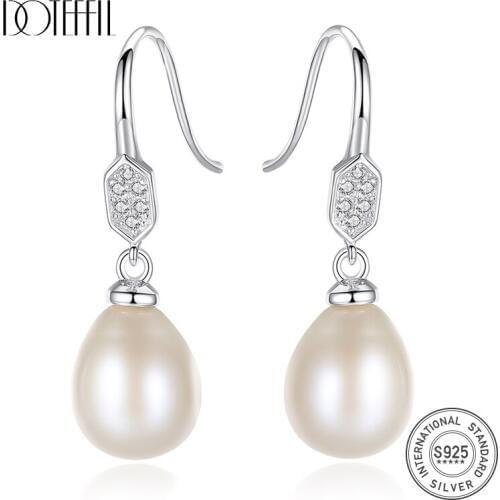 DOTEFFIL 925 Silver Drop Earring Zircon Genuine 8-9MM Natural Freshwater Pearl Earrings For Women Gift Fashion Jewelry Hot Sale