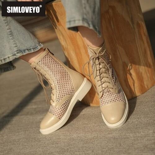 SIMLOVEYO New 2021 Women Ankle Boots Round Toe 3.5cm Square Heels Patchwork Lace-Up Zip Stylish Breathable Big Size 43 A3619