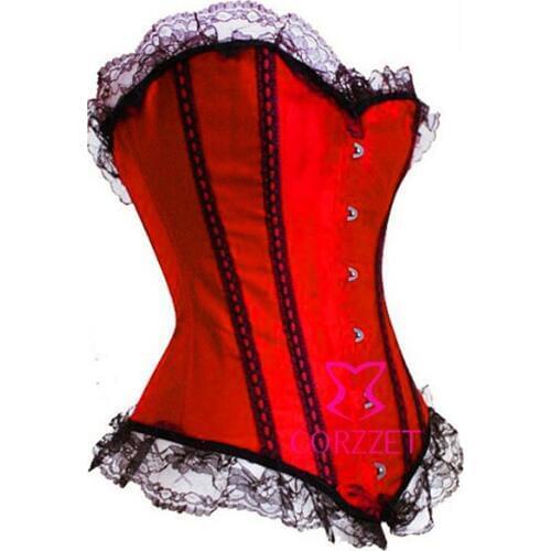 SupernovaSale Women Clubwear Black Lace Trim Red Satin Body Shaping Sexy Corselet Overbust Corset Bustier Crop Top With Basques