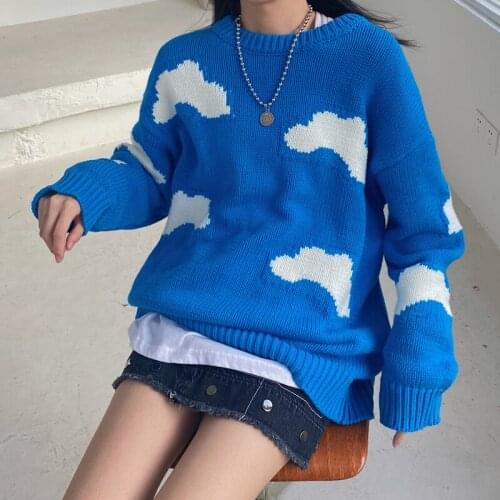 Sweater autumn and winter blue sky white clouds round neck pullover loose round neck long sleeve knitted sweater college style
