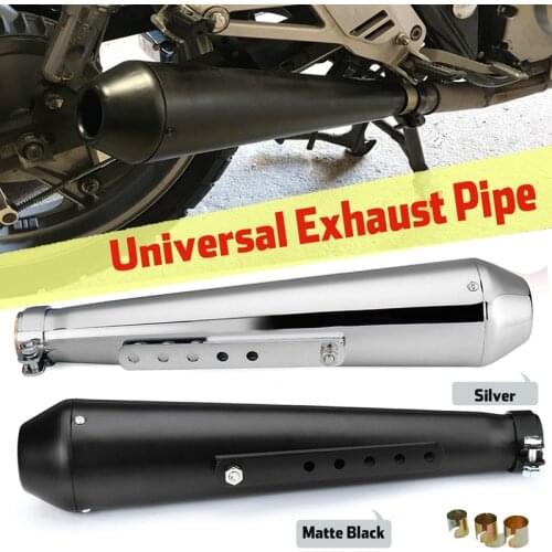 Universal Motorcycle Cafe Racer Exhaust Pipe with Sliding Bracket Matte Black Silver