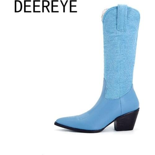 British Stitching Embroidery Strange Chunky Western Knight Cowboy High Heel Knee Vintage Combat Cowgirl Boots For Women Autumn