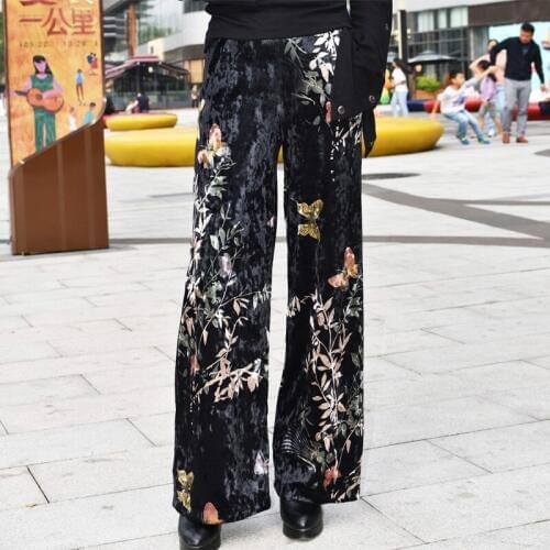 Womens Causal Pants Autumn Velvet Flower Print Pants Wide Leg Pants Loose Straight Trousers Long Female Plus Size Trousers