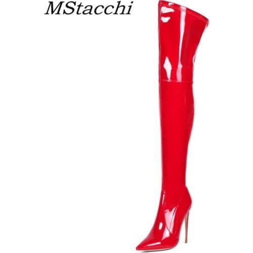 MStacchi Women Over Knee High Boots Woman Patent Leather Stretch High Heel Boots Sexy Ladies Pointed Toe Thin Heel Botas Mujer