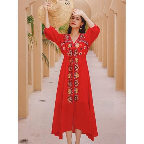 Summer New Southeast Asia Travel Vacation Wind Beach Dress Ethnic Wind Retro Embroidered Cardigan Type Button In The Long Dress