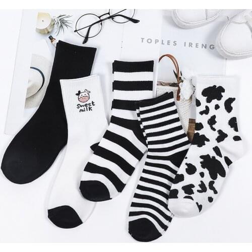 1 Pair Pack Cow Print Socks Woman Animal Cute Cartoon Black White Spots Cotton Casual Harajuku Warm Winter Kawaii Socks Female