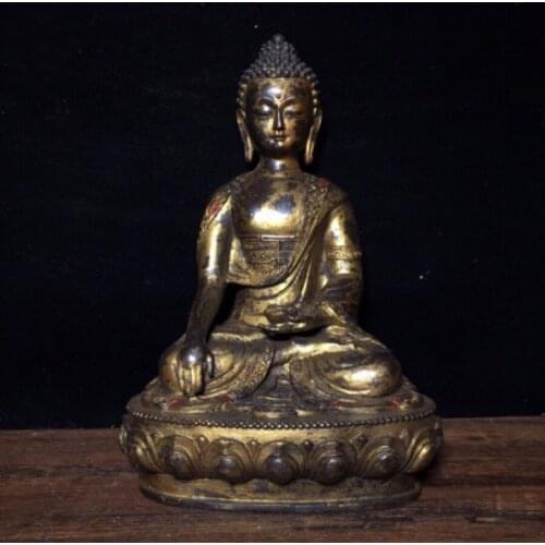 10"Chinese temple collection Old Bronze Cinnabar Lacquer Sakyamuni Buddha statue Sitting Buddha Ornaments Town House