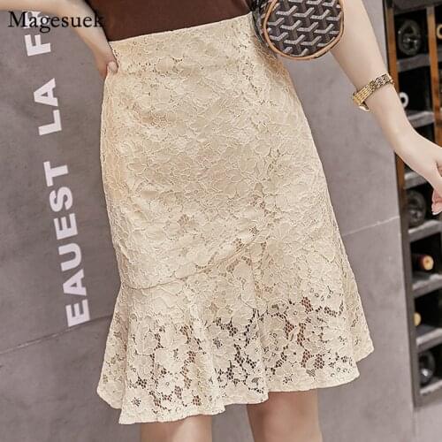 2021 Summer Women Midi Skirt New High Waist lace Wild Solid Black Skirt Fishtail Apricot Lace Ruffled Hip Skirts Jupe Femme 9904