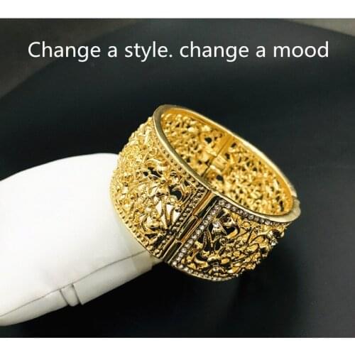 Gold Color Morocco Algeria Rhinestone Bangles For Women Ethnic Open Cuff Bracelet Dubai Wedding Jewelry
