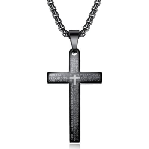 FATE LOVE the Lords Prayer Black Male Men Cross Pendant Christian Necklace Stainless Steel Fashion Jewelry