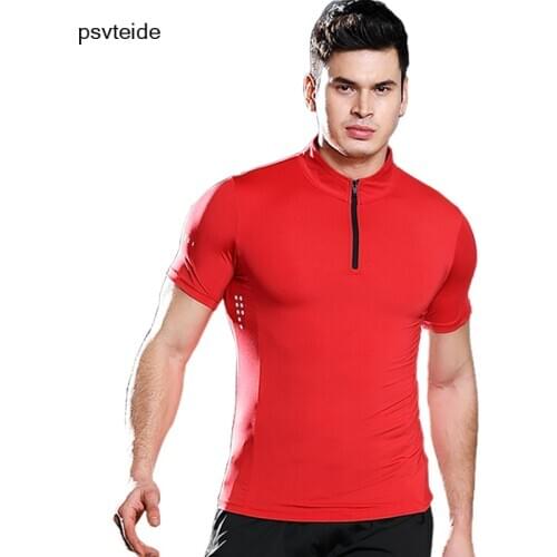 2021 New Training T Shirt Mens Compression Tshirt Cycling Jersey Men Short Sleeve T Shirts Men Gym Clothing Zipper Stand Neck