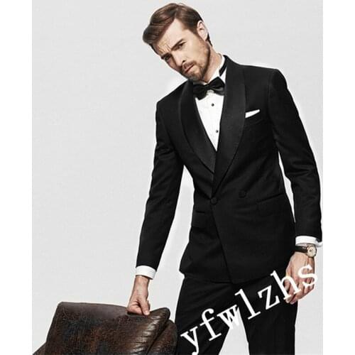 Handsome Double-Breasted Groomsmen Shawl Lapel Groom Tuxedos Mens Wedding Dress Man Blazer Prom Dinner (Jacket+Pants+Tie) A122